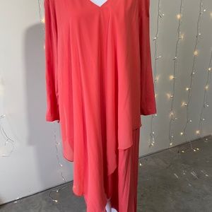 Party/Vacation Andalou Dress, Handkerchief Ankle-Length, Deep Sea Coral, Sz 3X.